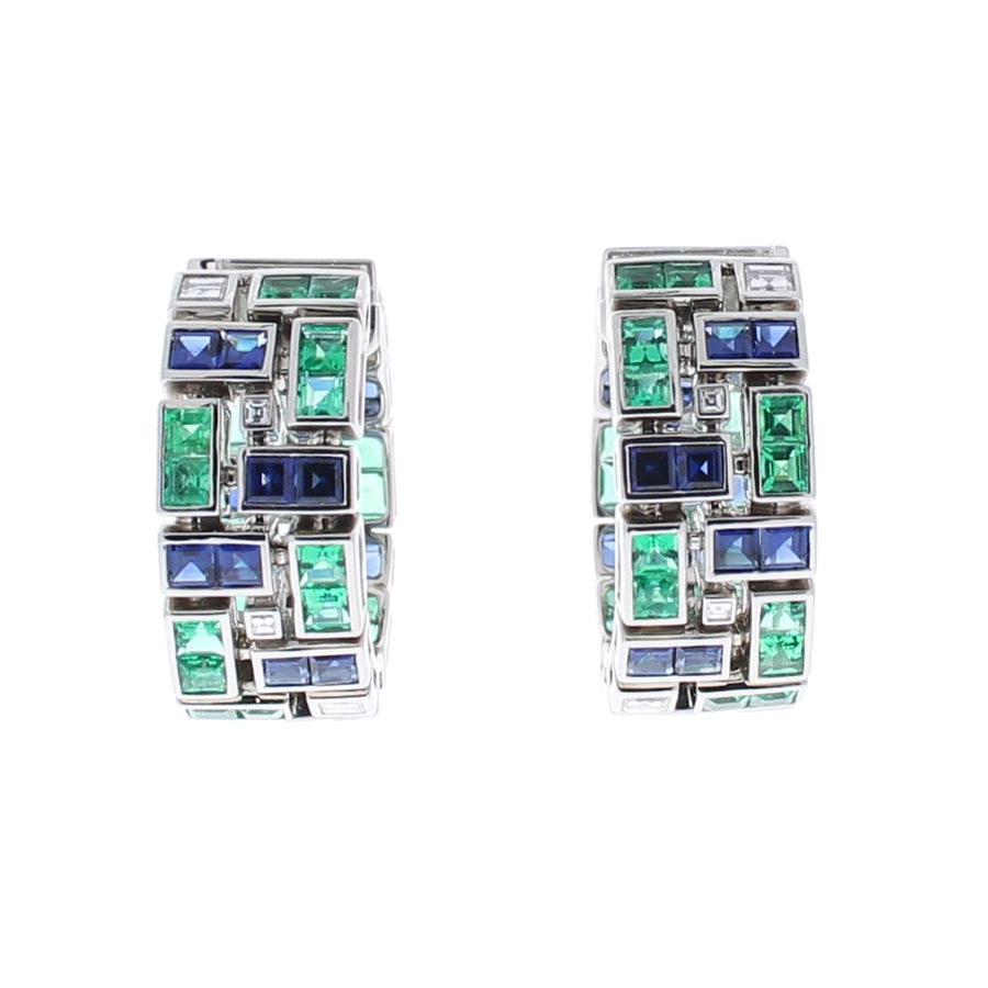 4.25Ct Blue Sapphire and 3.06Ct Emerald and 1.09Ct Diamond French Cut Clutch Earrings in Platinum