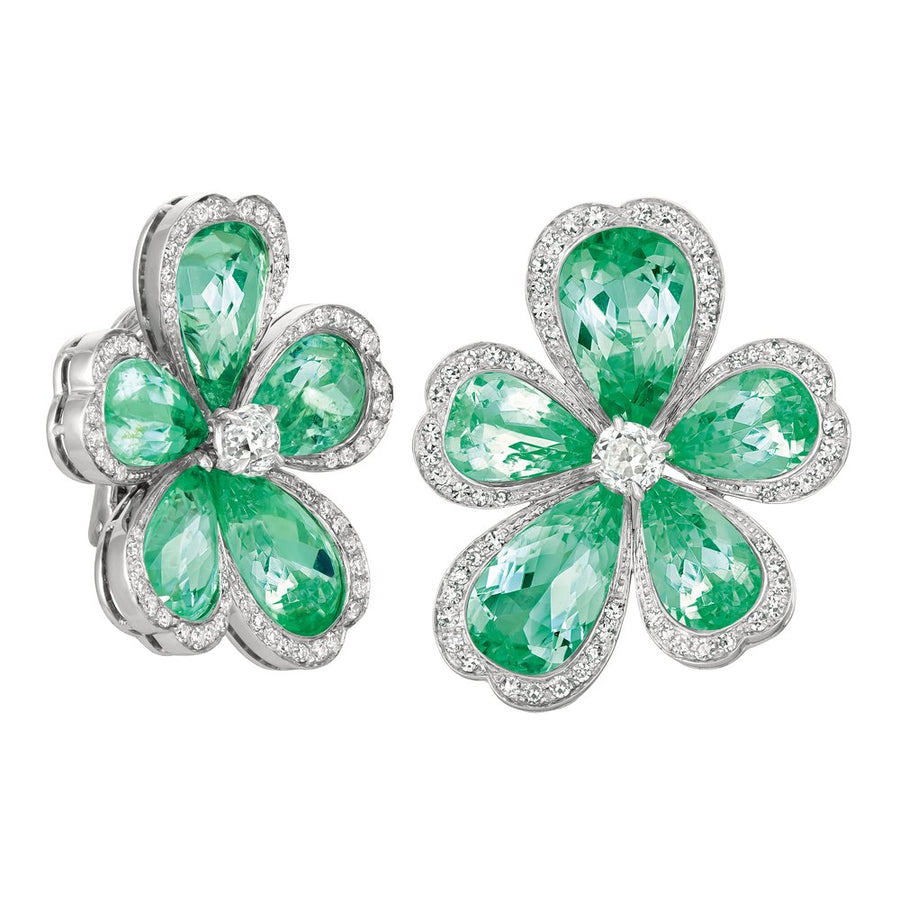 20.07ct Mozambique Paraiba Tourmaline and 1.46ct Diamond Flower Earrings in Platinum and 18K White Gold