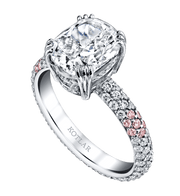 3.04ct Cushion Cut Diamond, 0.78ct Diamond and 0.34ct Diamond Round Diamond Rose Bud Shank Ring in Platinum