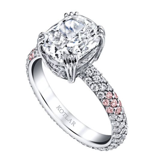 3.04ct Cushion Cut Diamond, 0.78ct Diamond and 0.34ct Diamond Round Diamond Rose Bud Shank Ring in Platinum