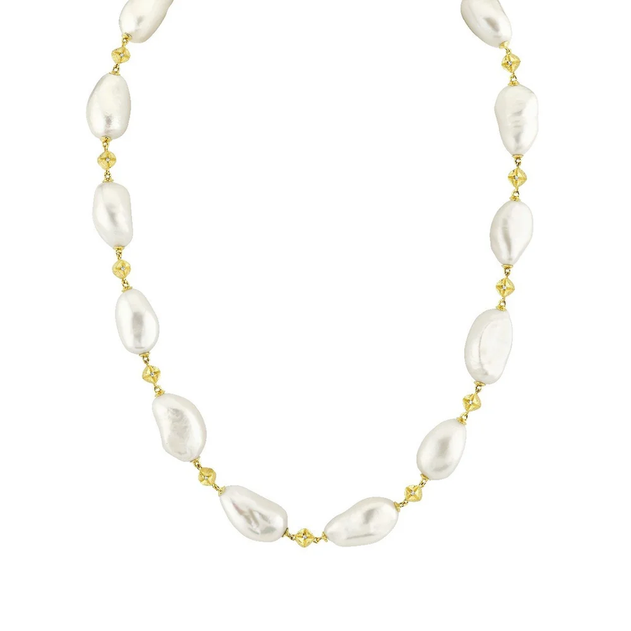 0.06ct Diamond and Baroque Pearl Alternating Necklace in 18K Yellow Gold, 14-17"