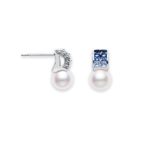 7.5mm A+ Akoya Pearl, 1.17ct Blue Sapphire and 0.16ct Diamond Ocean Stud Earrings in 18K White Gold