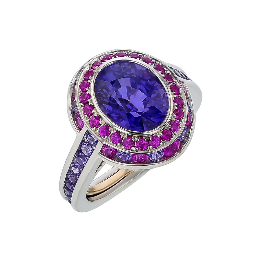 4.23ct Purple Sri Lankan Sapphire and 1.08ct Sapphire Double Halo Ring in Platinum, size 7