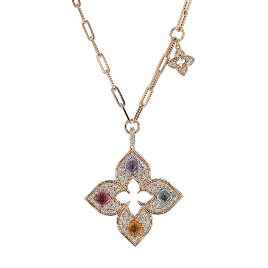 Venetian Princess 0.95ct Diamond and 2.30ct Multistone Flower Paperclip Link Necklace with Charm in 18K Rose Gold, 17"