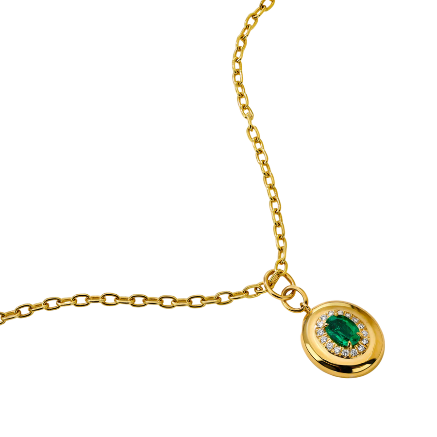 Heirloomed 0.90ct Oval Emerald and 0.14ct Diamond Halo Pendant in 18K Yellow Gold, 18" chain
