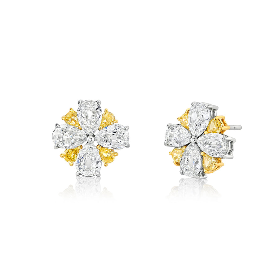 Scallop Jubilee Cluster Old Mine Cut Fancy Diamond and Yellow Diamond Earrings in Platinum & 18K Yellow Gold