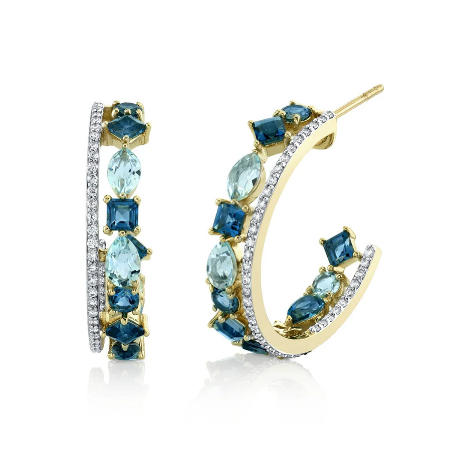Inside Out 3.03ct London Blue Topaz, 1.78ct Sky Blue Topaz and 0.41ct Diamond Double Hoop Earrings in 18K Yellow Gold