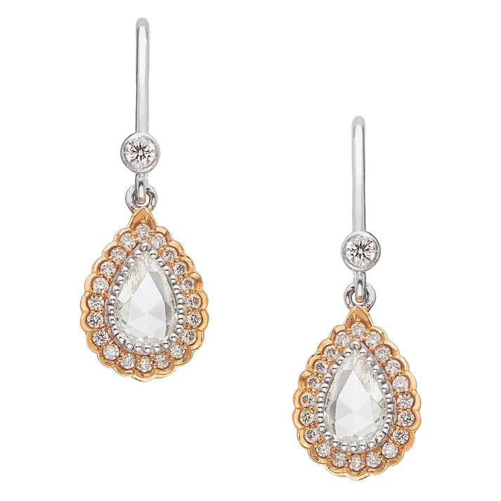 True Romance 0.86ct Pear Shape Rose Cut and Round Diamond Drop Earrings in 18K White and Rose Gold