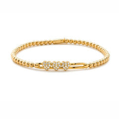 Tresore 0.24ct 27 Full Cut Diamonds Double Gold Bar With 3 Sliding Pave Heart Stations 3mm Beaded Stretch Bracelet in 18K Yellow Gold