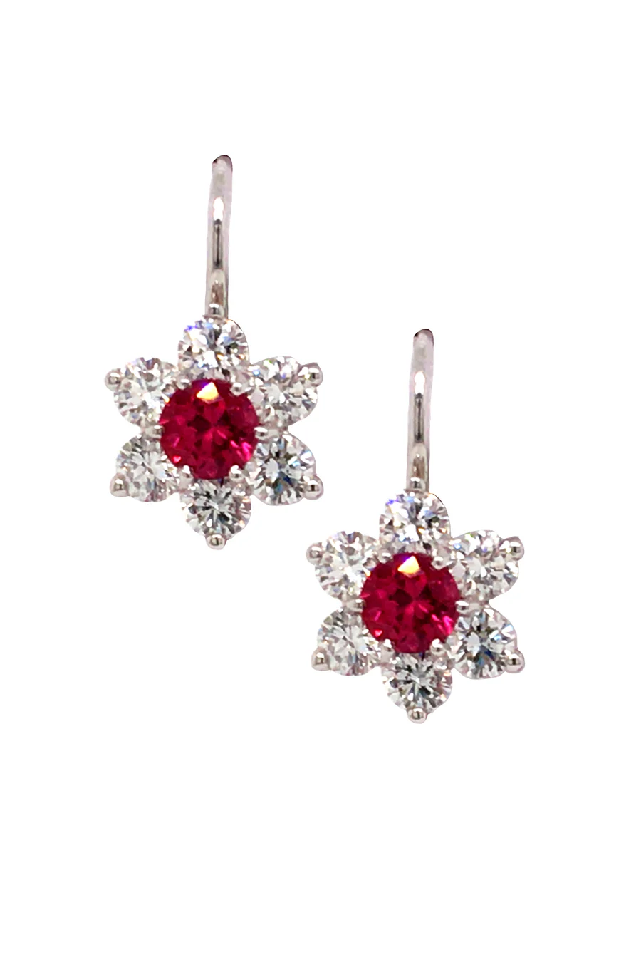 1.24ct Ruby and 1.71ct Diamond Halo Leverback Earrings in Platinum