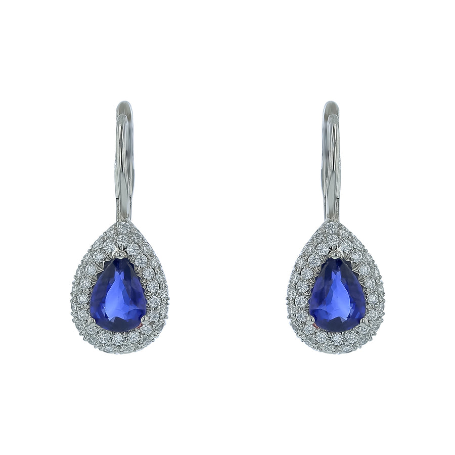 1.64ct Pear Shaped Sapphire and 0.42ct Diamond Drop Earrings in Platinum