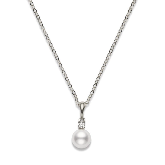 Everyday Essential 7.5-8mm A+ Akoya Pearl and 0.10ct Diamond Pendant in 18K White Gold, 18" chain