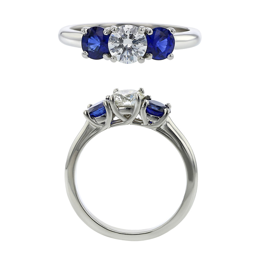 0.50ct Round Diamond and 0.60-1.05cts Round Sapphires 3-Stone Trellis Ring, Size 6.5