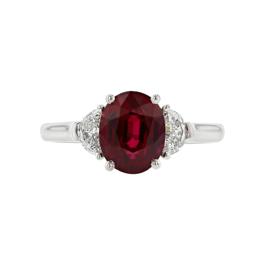 2.00ct Oval Ruby GIA and 0.42ct Halfmoon Diamond 3 Stone Ring in Platinum, size 6.25