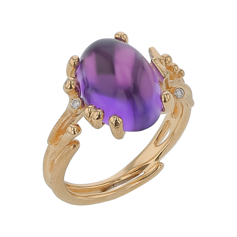 Boho Cabochon Amethyst and 0.02ct Diamond Ring in 18K Yellow Gold, Size 6.75