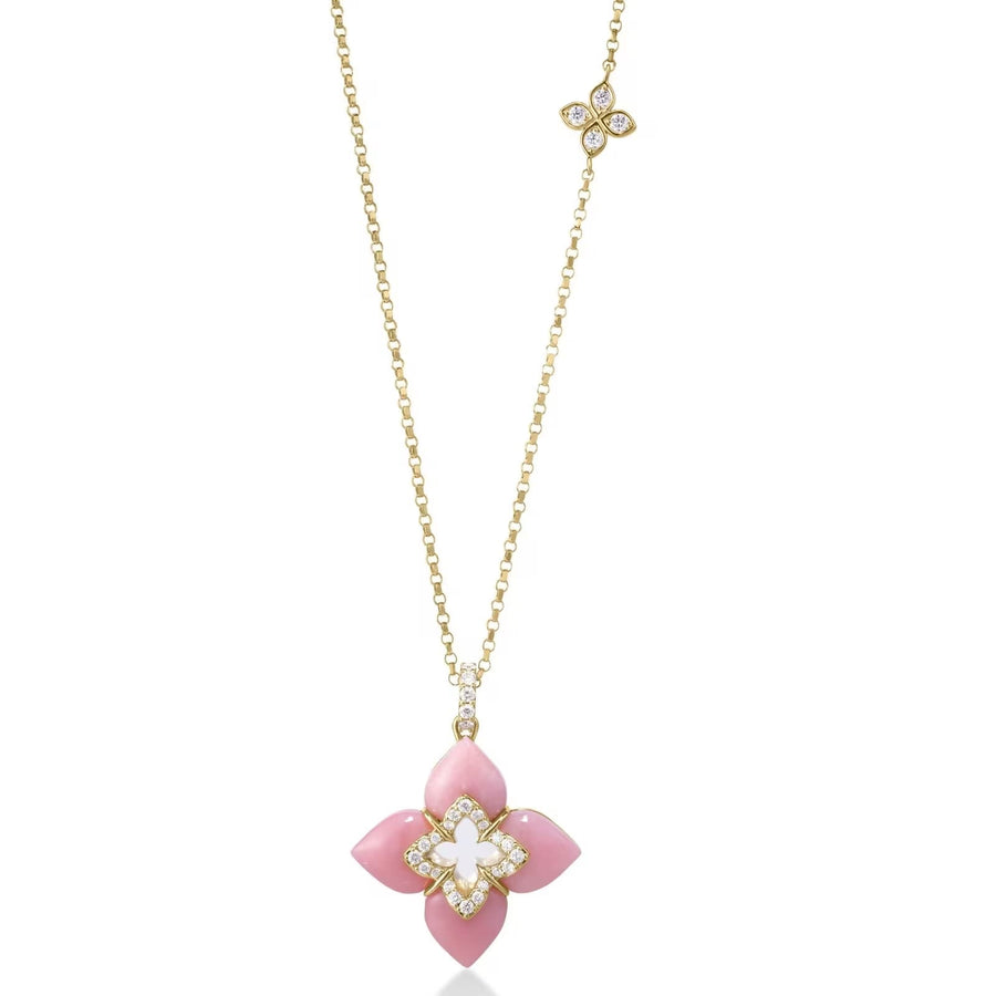 Venetian Princess 0.17ct Diamond and Pink Opal Flower Pendant in 18K Yellow Gold, 17" chain