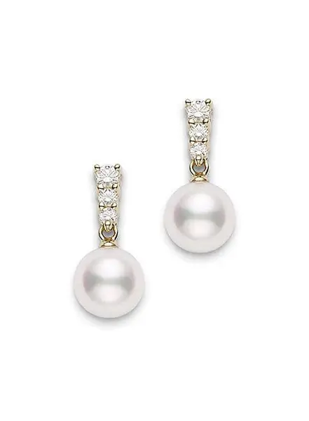 Morning Dew 7.5mm A+ Akoya Pearl and 0.26ct Diamond Earrings in 18K Yellow Gold