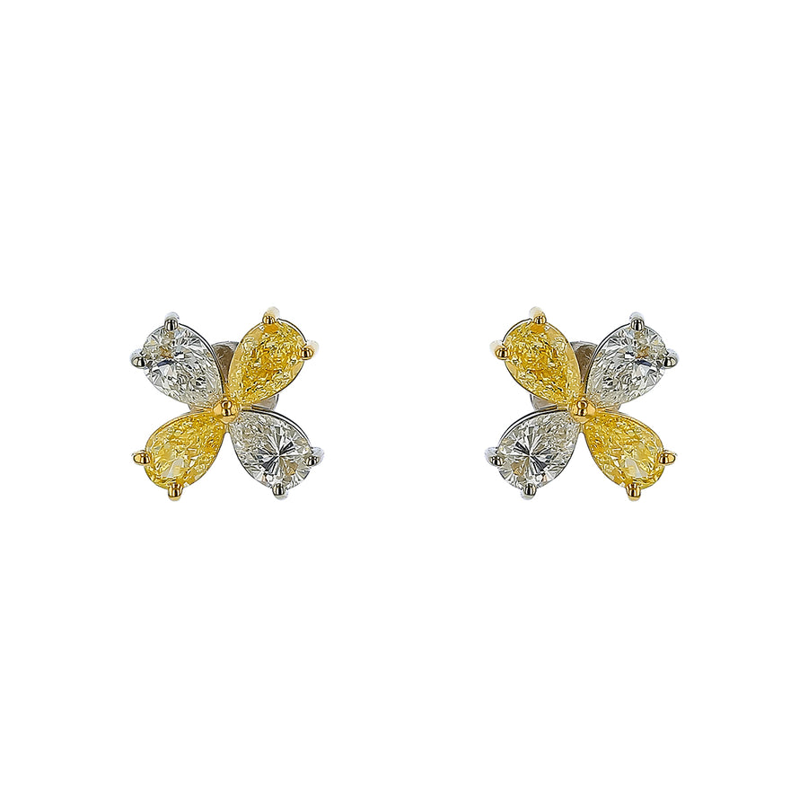1.37ct Fancy Yellow Pear Shape Diamond and 1.26ct Pear Shape Diamond Floral Stud Earrings in 18K White and Yellow Gold