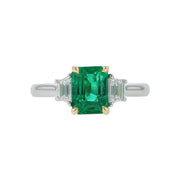 1.64ct Emerald Cut Zambian Emerald and 0.40ct Diamond 3 Stone Ring in Platinum and 18K Yellow Gold, size 6.5