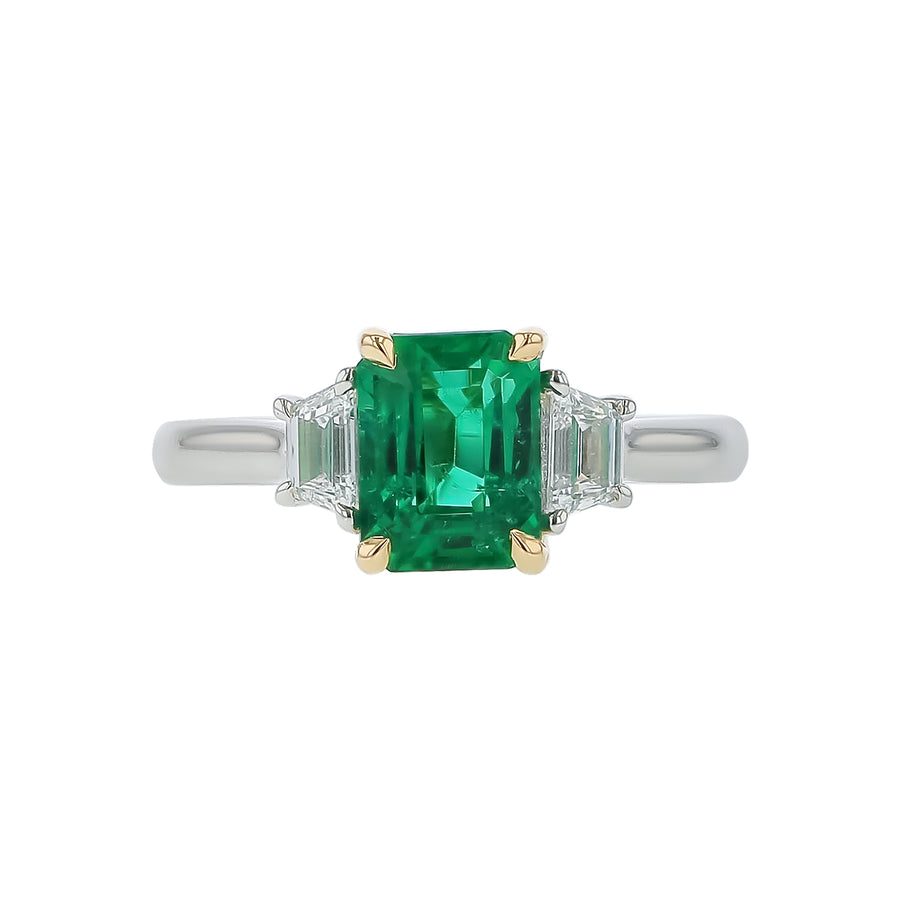 1.64ct Emerald Cut Zambian Emerald and 0.40ct Diamond 3 Stone Ring in Platinum and 18K Yellow Gold, size 6.5