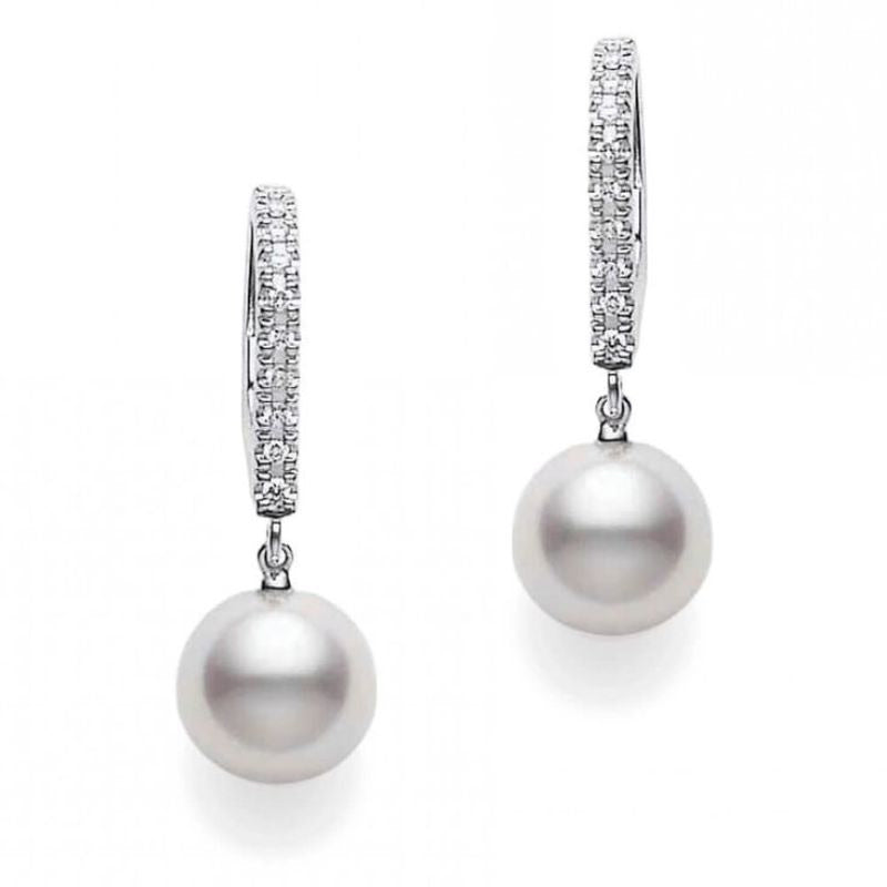 Classic 7.5mm Akoya Pearl and 0.08ct Diamond Earrings in 18K White Gold with leverbacks