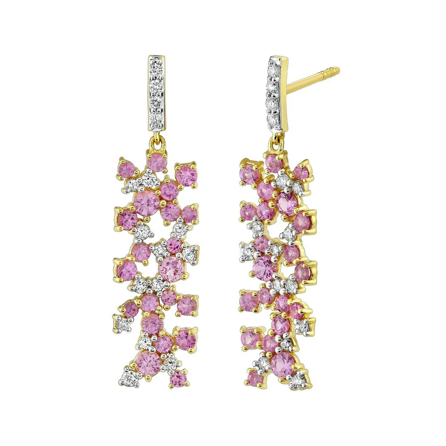 1.47ct Pink Sapphire and 0.32ct Diamond Drop Earrings in 18K Yellow Gold