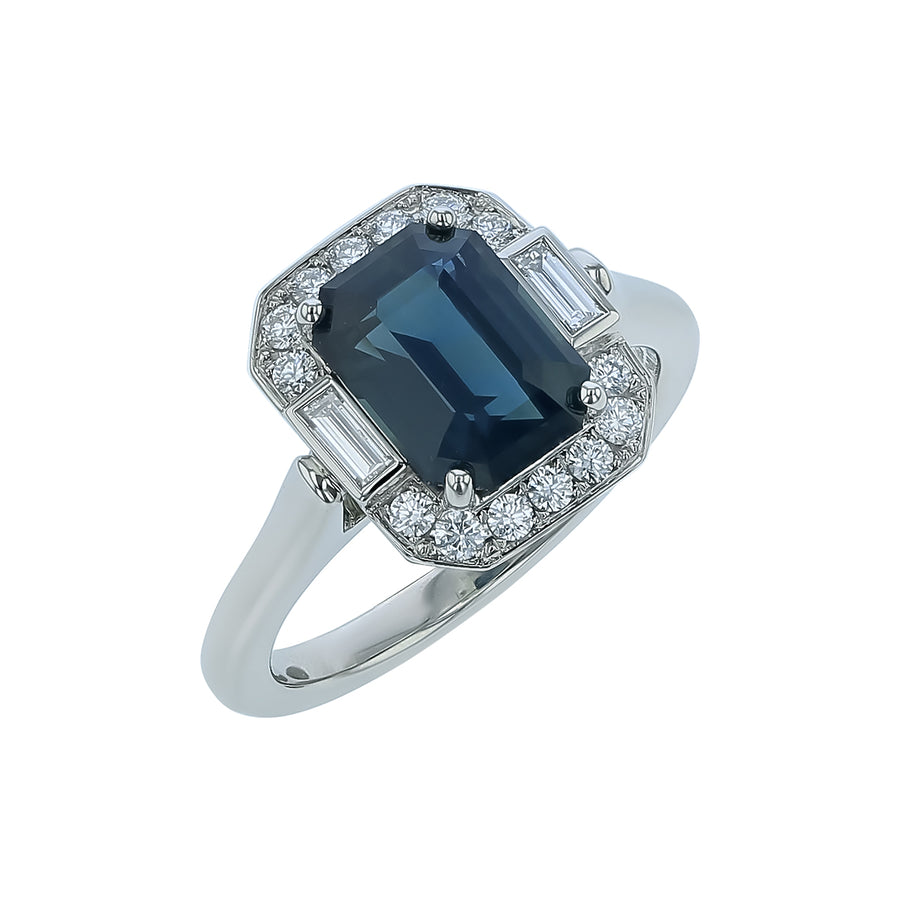 3.03ct Emerald Cut Sapphire 0.34ct Baguette and Round Diamond Halo Ring in 18K White Gold Size 6.5