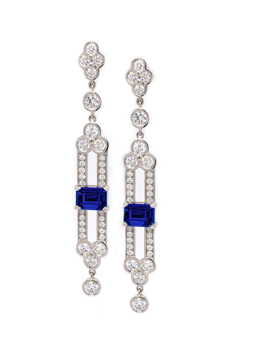 2.26ct Emerald Cut Sapphires (Heated) and 2.05ct Diamonds Lace Drop Earrings in Platinum