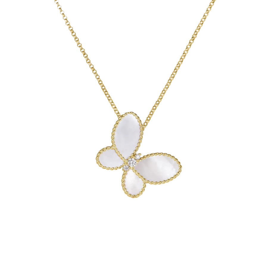 Jasmine 0.07ct Diamond and Mother of Pearl Butterfly Pendant in 18K Yellow Gold, 18" chain