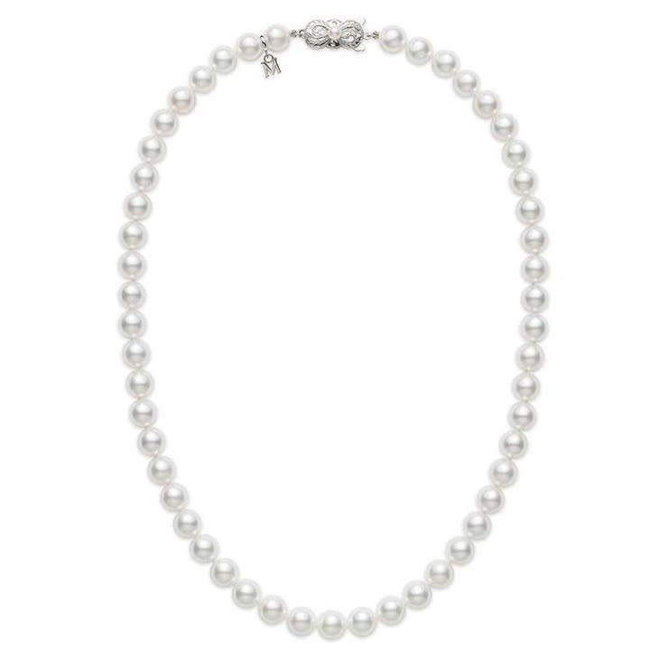 Princess 7.5x8mm A+ Pearl Necklace in 18K White Gold, 18"
