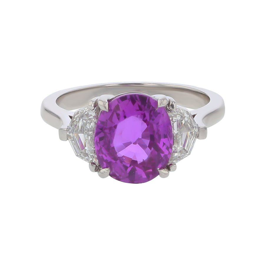 4.06ct Oval Madagascar Pink Sapphire and 0.78ct Shield Diamond Three Stone Ring in Platinum , size 6.5
