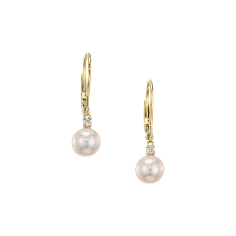 Akoya Pearl and 0.06ct Diamond Drop Earrings in 18K Yellow Gold