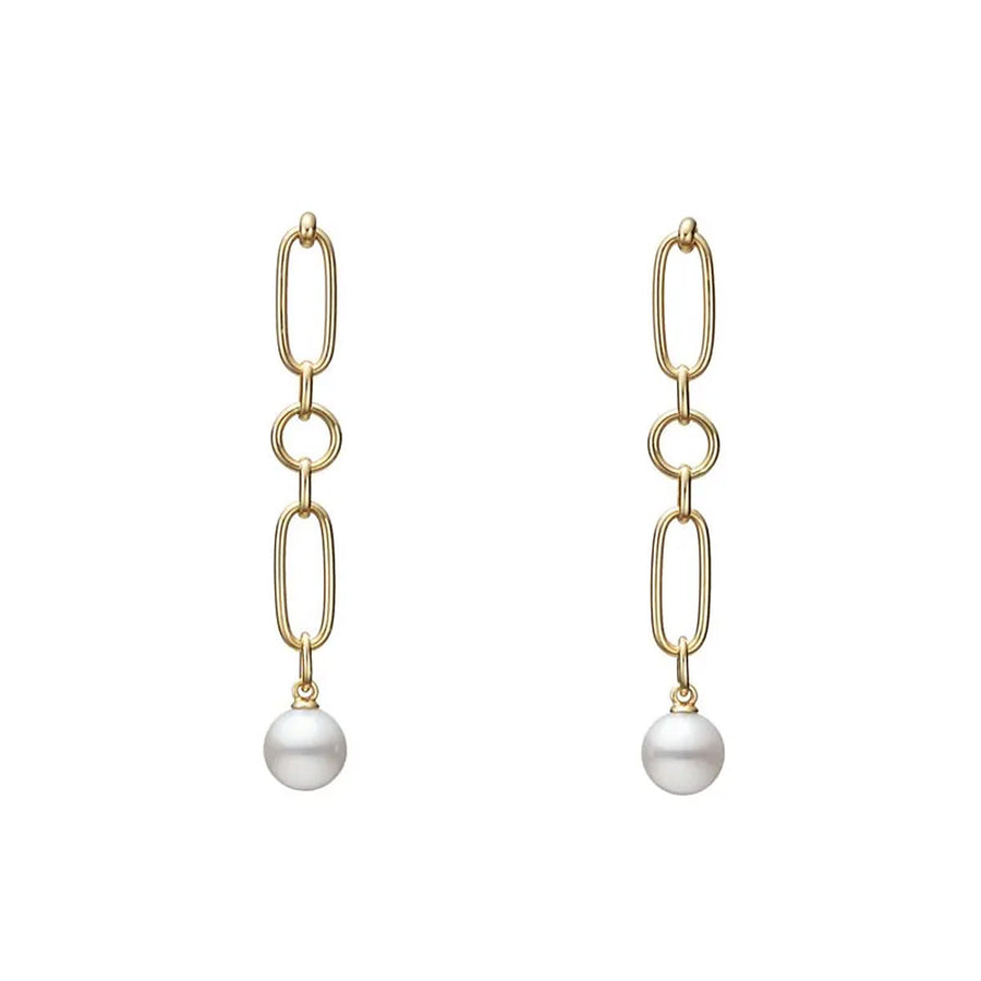 M Code 7mm A+ Akoya Pearl Chain Link Drop Earrings in 18K Yellow Gold