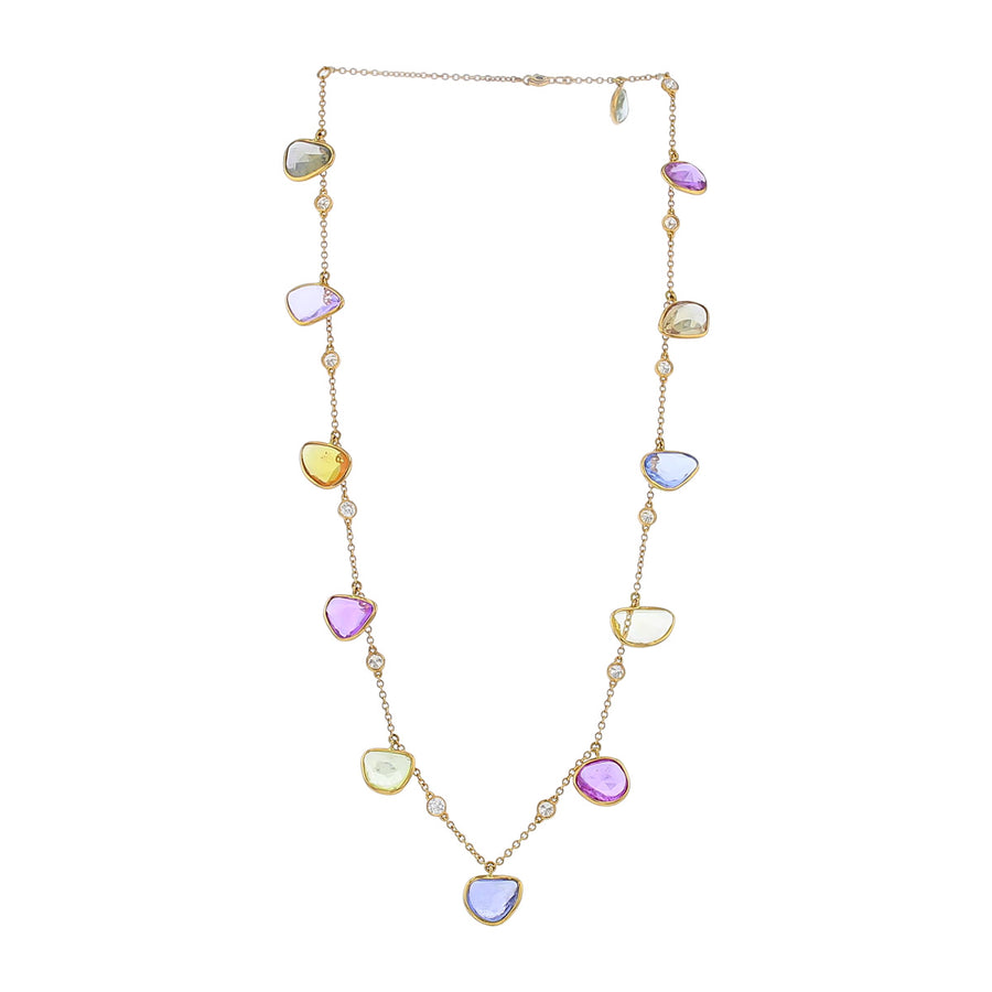 30.48ct Rose Cut Sapphire and 1.65ct Diamond Multi-Color Necklace in 18K Rose Gold, 17-15"