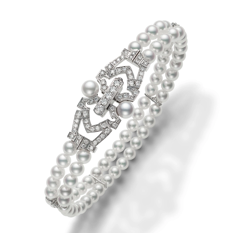 0.58ct Diamond and Akoya Cultured Pearl Double Strand Bracelet in 18K White Gold, 7"