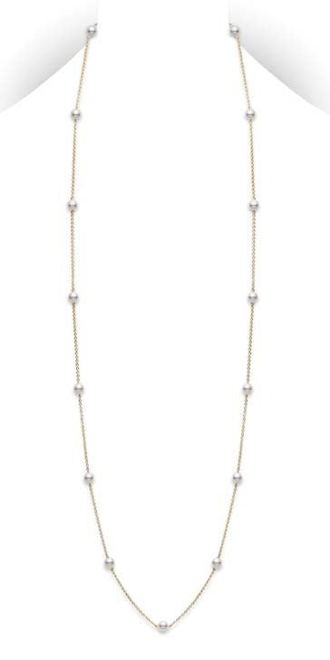 Akoya Pearl Station Necklace in 18K Yellow Gold, 32"