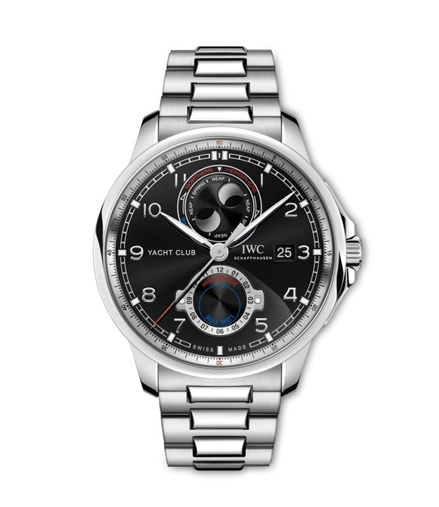 44.6mm Portugieser Yacht Club Moon & Tide Watch with Black Dial in Stainless Steel, Bracelet