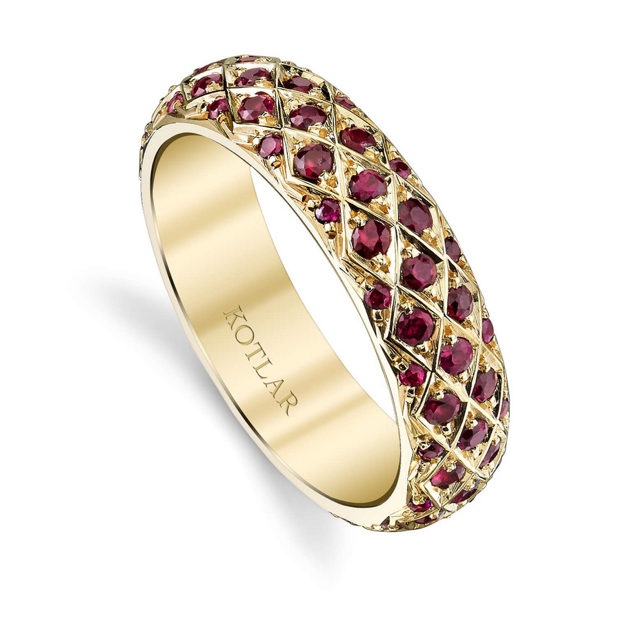 Criss Cross Artisan Pave 1.09ct Ruby 5mm Dome Eternity Band in 18K Rose Gold