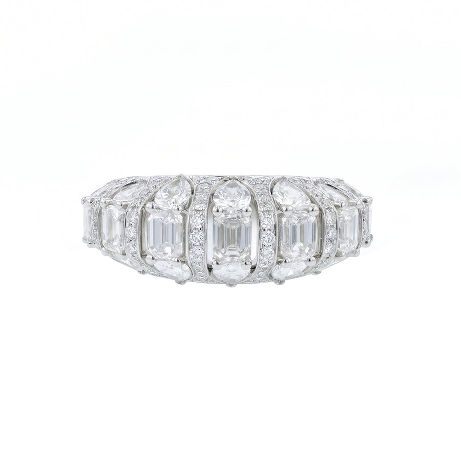 3.23ct Pear Shape, Round and Emerald Cut Diamond Dome Ring 18K White Gold, size 6.5