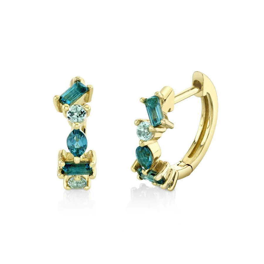 0.49ct Mixed Shape London and Sky Blue Topaz Huggie Hoop Earrings in 18K Yellow Gold