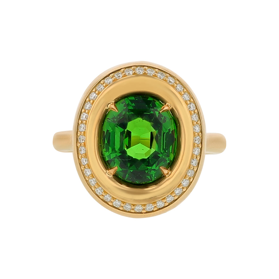 4.02ct Oval Tsavorite and 0.42ct Diamond Halo Ring in 18K Yellow Gold, size 6.5