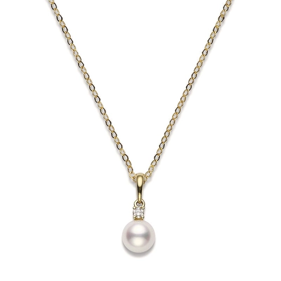 Everyday Essential 7.5-8mm A+ Akoya Pearl and 0.10ct Diamond Pendant in 18K Yellow Gold, 18" chain