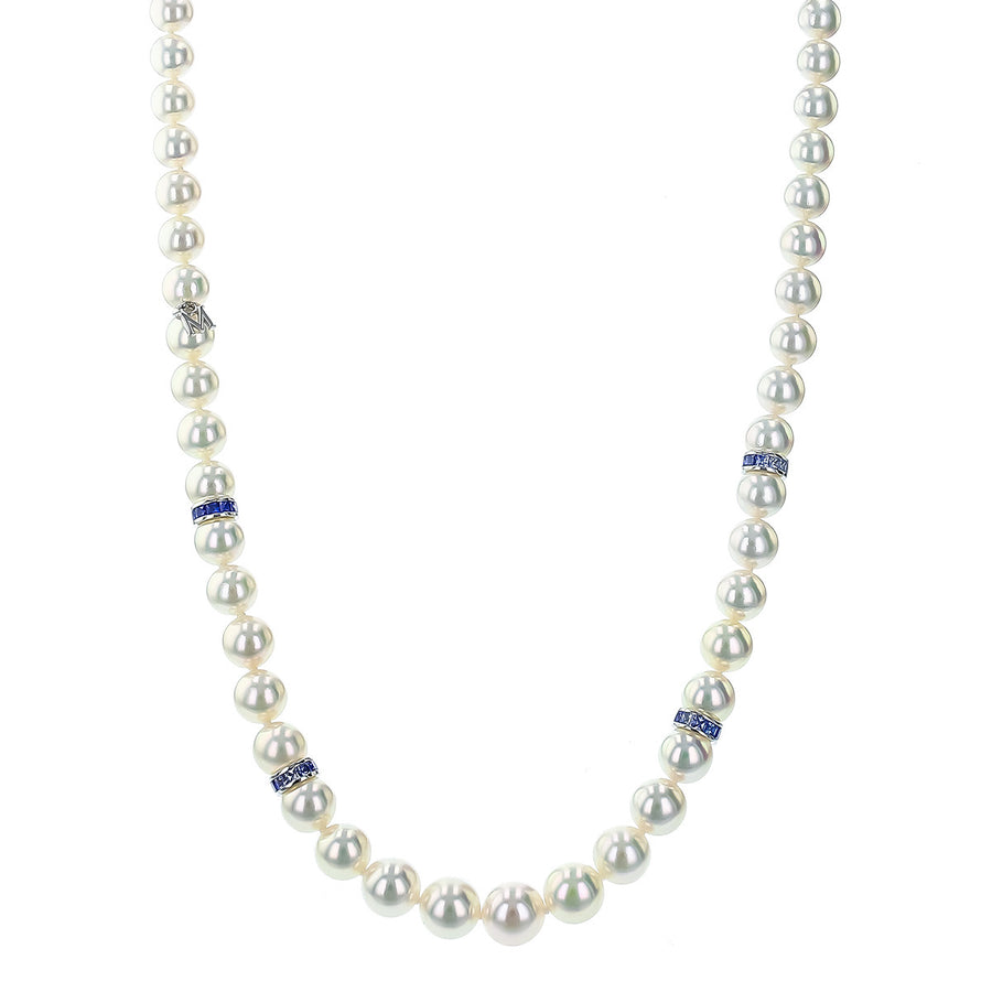 Ocean 7x9mm A1 Akoya Pearl and 2.00ct Sapphire Strand Necklace in 18K White Gold