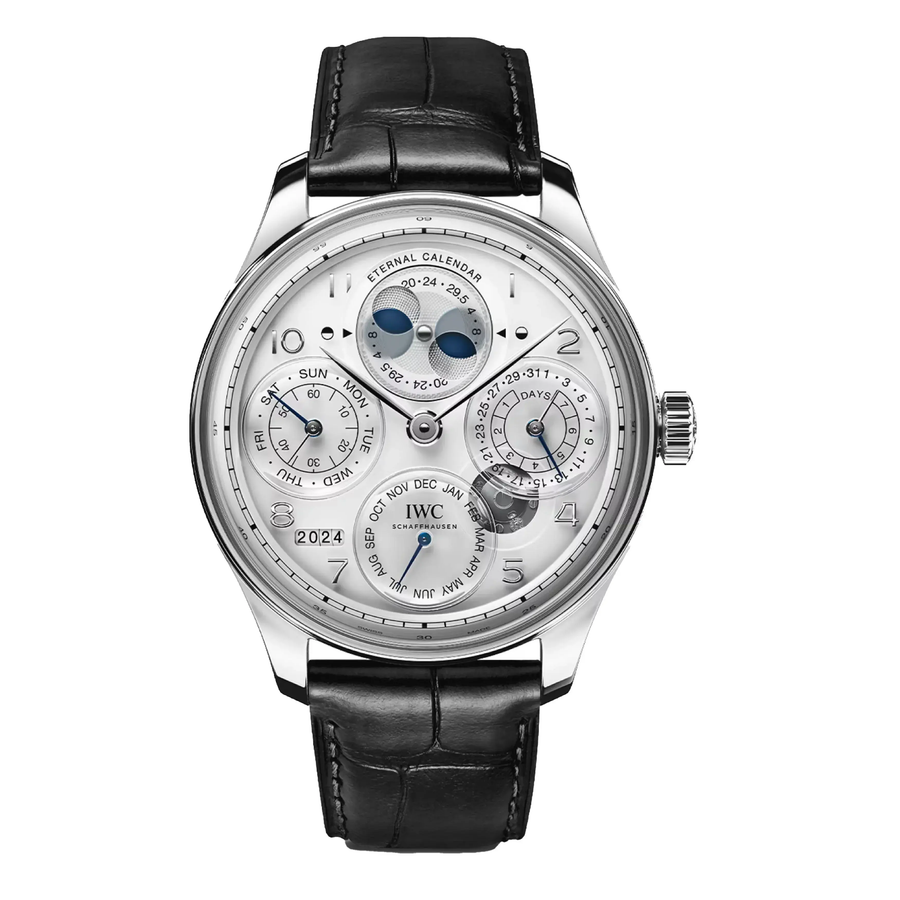 44.4mm Portugieser Eternal Calendar Watch with White Dial in Platinum, Strap