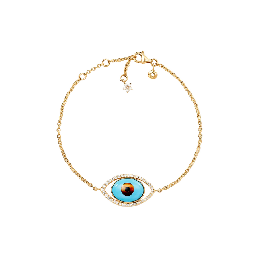 Shooting Stars Tiger’s Eye, Turquoise, Onyx, and 0.25ct Diamonds Evil Eye Bracelet in 18K Yellow Gold, 7"
