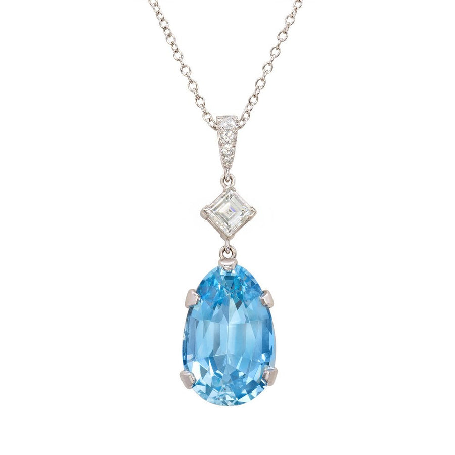 8.40ct Aquamarine, 0.55ct Square Diamond and 0.08ct Diamond Pendant in Platinum, on 16.5" chain