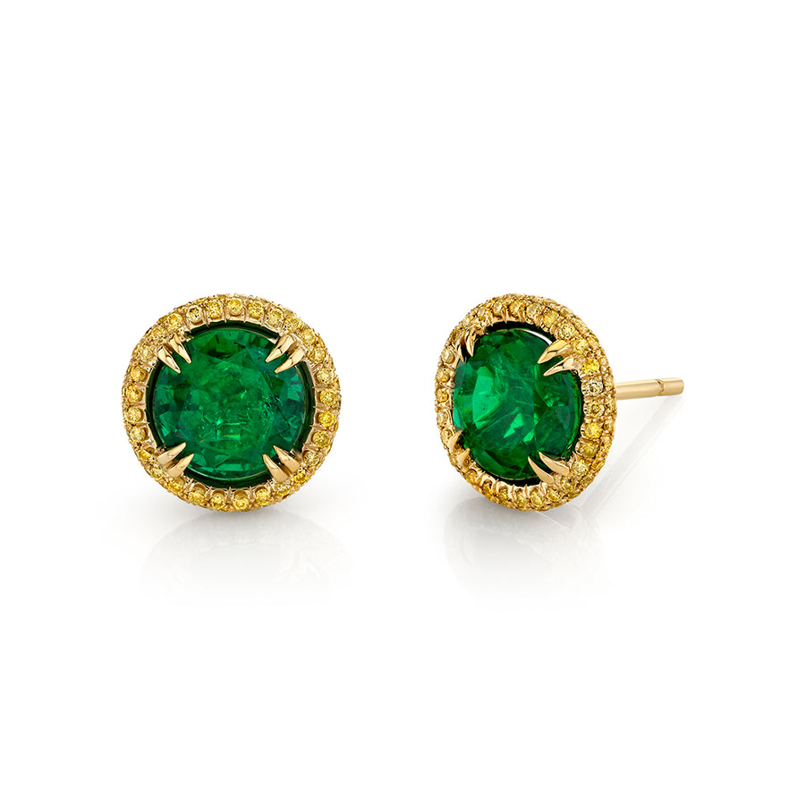 Arabesque 3.63ct Emerald and 0.41ct Fancy Yellow Diamond Halo Studs in 18K Yellow Gold