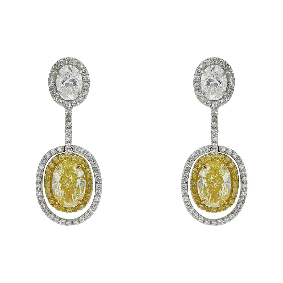 3.37ct Oval Diamonds, 1.21ct Oval Diamonds and 1.04ct Round Diamonds Halo Drop Earrings in Platinum and 18K Yellow Gold