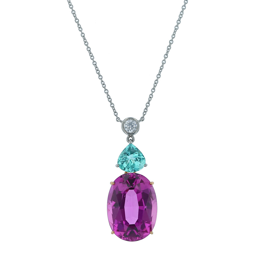 12.82ct Rose Tourmaline 1.12ct Pear Shaped Paraiba Tourmaline and 0.17ct Diamond Pendant in Platinum and 20K Rose Gold, 16"