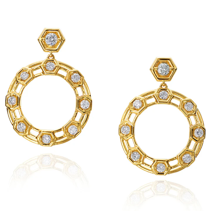 B 1.28ct Diamond Hexagon Circle Drop Earrings in 18K Yellow Gold